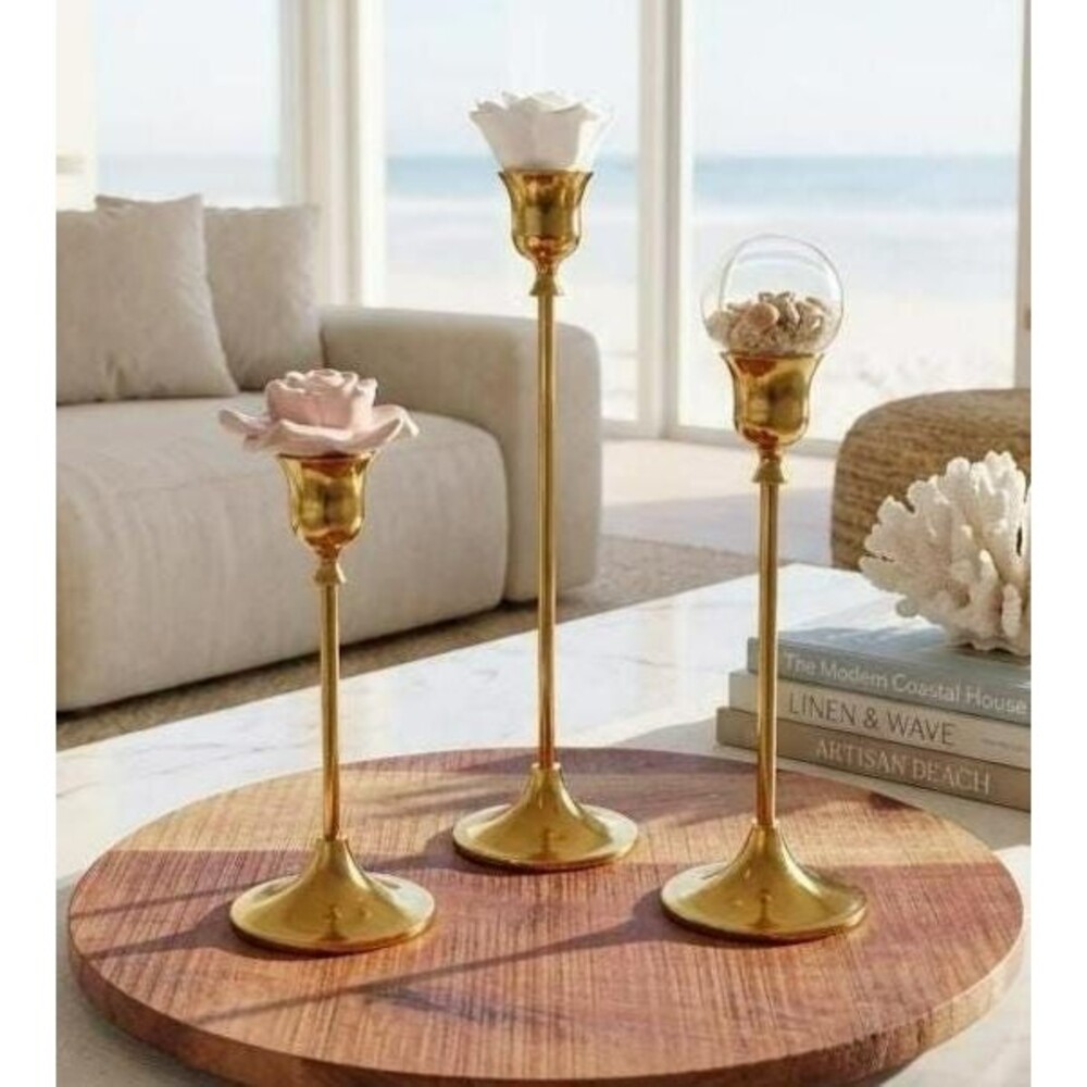 3 Gold Candlestick Holders Removable Rose & Pebble Toppers Coastal Decor